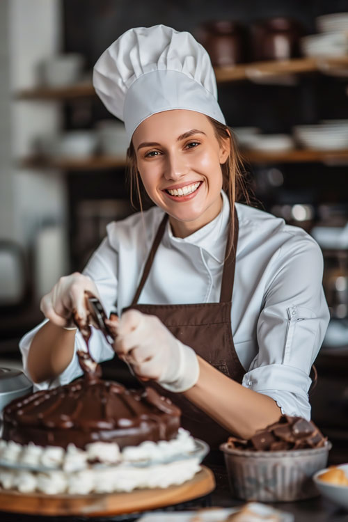 una pastelera caucasica sonriente haciendo chocolate